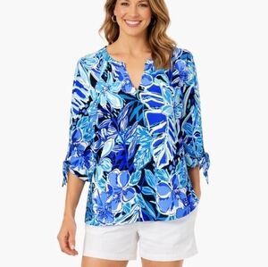 Cappagallo Blue Floral Tunic Top Women’s Medium V-Neck 3/4 Tie Sleeves Tropical
